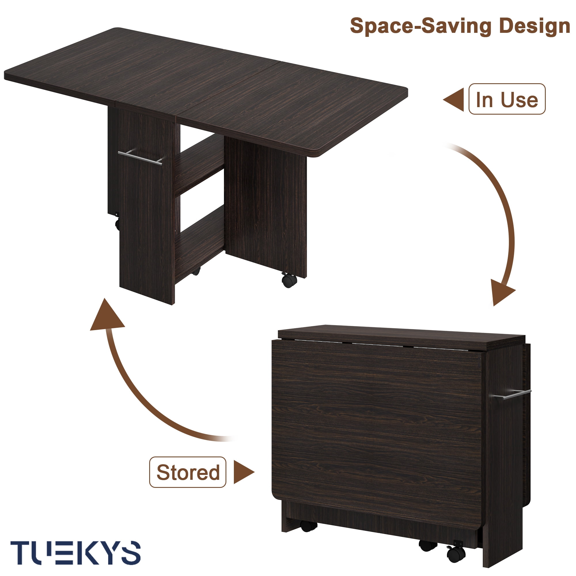 Tuekys Folding Dining Table Drop Leaf Kitchen Table with 2 Storage Racks-Perfect for Small Spaces Multifunction Space Saving Table Extension Dinner Table Kitchen Office Desk Black(with Handle)