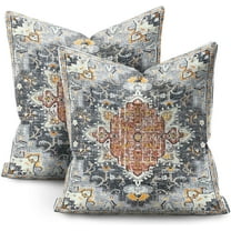 Boho Style with Floral Pillow Cover Bohemian Gray Orange Decorative Pillow Cases Linen Square Cushion Cover for Home Bedroom Livingroom Sofa Couch 18x18 Inch (Set of 2)