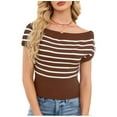 thumbnail image 5 of Sevevn Women Sexy Boat Neck Off Shoulder Sweater,Short Cap Sleeve Striped Knit Crop Top,Spring Summer Trendy Casual Outfit, 5 of 9