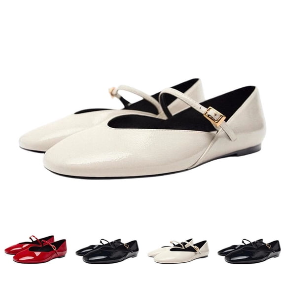 IEMIEMIEM Women's Ballet Flats Patent Leather Elegant Comfortable Round Toe Slip On Adjustable Buckle Strap Flat Non-Slip Mary Jane Shoes Suitable for Dancing Walking Party Beige 7 Wide