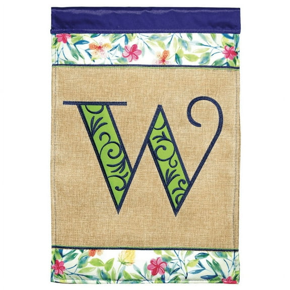 Magnolia Gardens M030090 13 x 18 in. Double Applique Monogram W Spring Burlap & Print Garden Flag