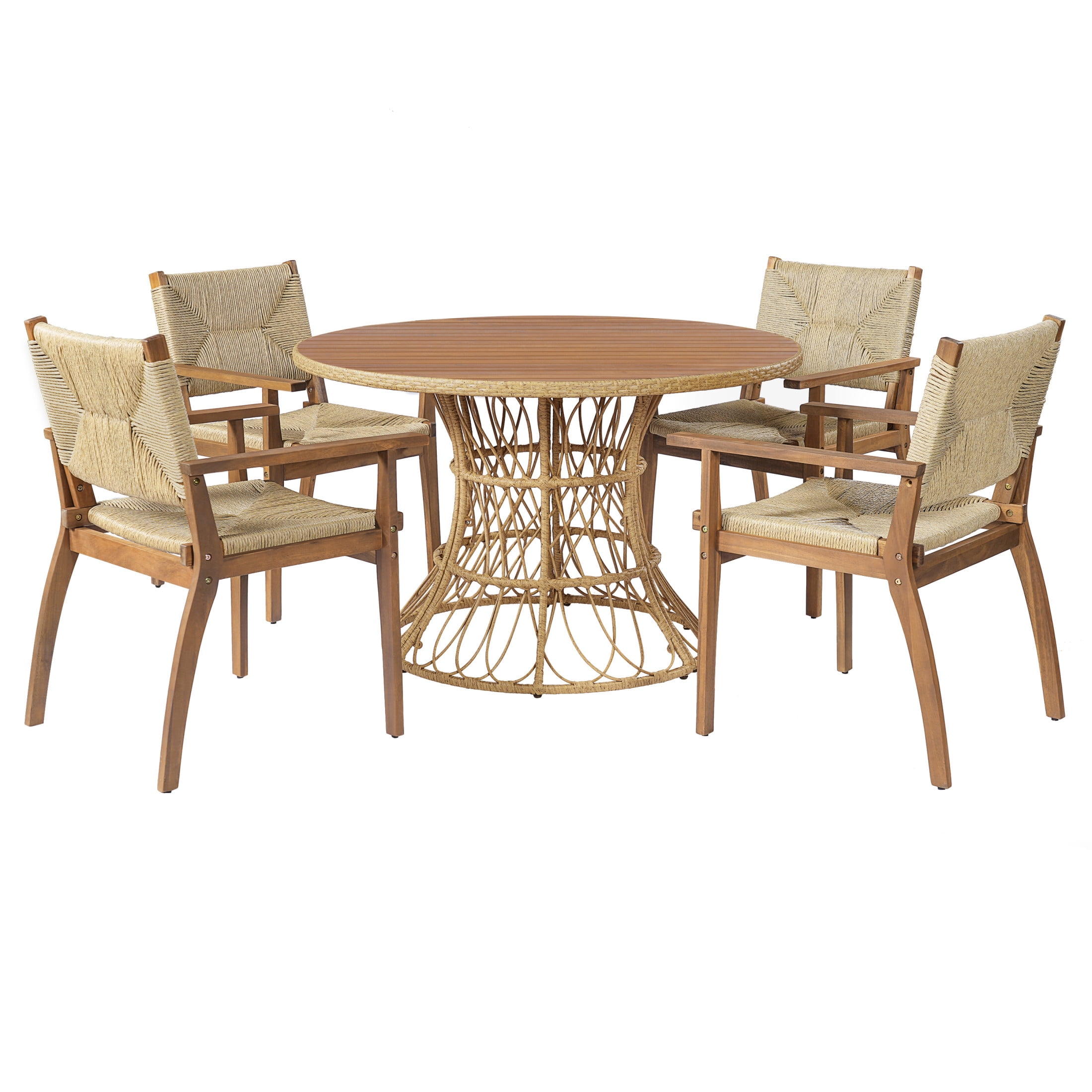 Christopher Knight Home Wicker Outdoor Dining Set for 4, Round Wood Table with Patio Chairs, Teak