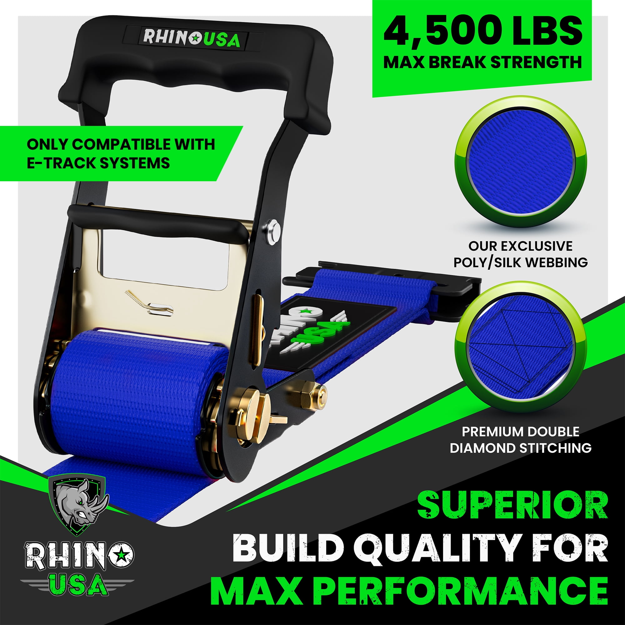 Rhino USA E Track Ratchet Tie Down Straps (4,500lb Break Strength) - w/ (2) Premium 2" x 16' eTrack Tie Down