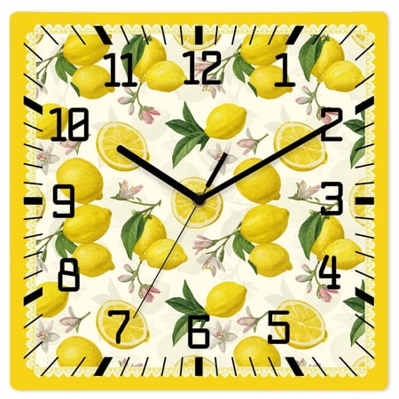Yellow Summer Lemon Wooden Wall Clock Silent Non Ticking, Summer Botanical Watercolor Square Wall Clocks Battery Operated, Decor Clock for Home Office, Living Room, Kitchen, 10 Inch