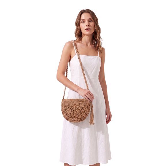 LAVA Women Straw Bag Crossbody Purse Beach Handmade Woven Shoulder Bag with Tassels (Khaki)