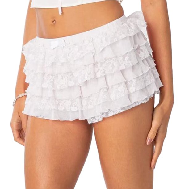 Vestido Pantalones cortos en capas de encaje Falda corta con gradas Ropa de playa de fiesta elegante para mujer Kuymtek Blanco T L para Mujer
