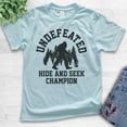 thumbnail image 2 of Kids Undefeated Hide and Seek Champion Shirt, Youth Kids Boy Girl T-Shirt, Bigfoot Yeti, Sasquatch, Squatch Tee, Light Blue, X-Large, 2 of 4