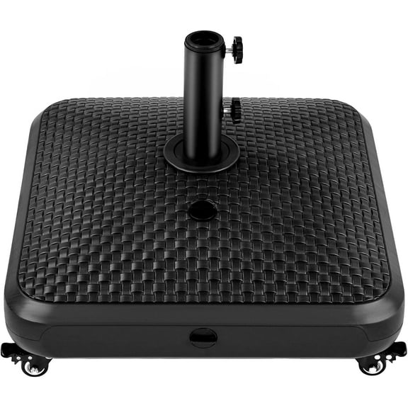 SLSRFD Fillable Mobile Umbrella Base, Heavy Duty Patio Umbrella Pole Holder for Outdoor 4 Wheels, 4 Locks 2 Knobs 123lb Capacity for Deck, Poolside, Garden, Black-Faux Rattan