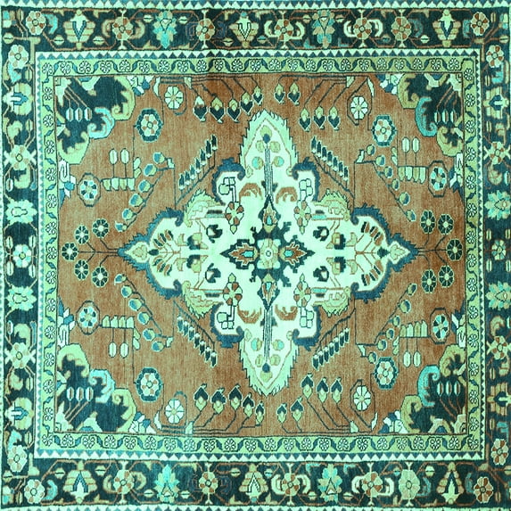 Ahgly Company Machine Washable Indoor Square Medallion Turquoise Blue Traditional Area Rugs, 6' Square