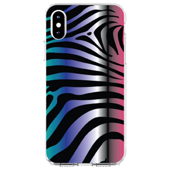 DistinctInk Clear Shockproof Hybrid Case for iPhone XR (6.1" Screen) - TPU Bumper, Acrylic Back, Tempered Glass Screen Protector - Black Pink Teal Blue Zebra