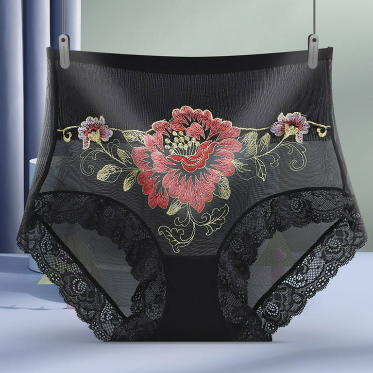 CLZOUD Underwear for Ladies Black Nylon Spandex Women Ladies Flower Stretch  Embroidery High Waist Lace Bikini Soft Panties Panty Underwear L