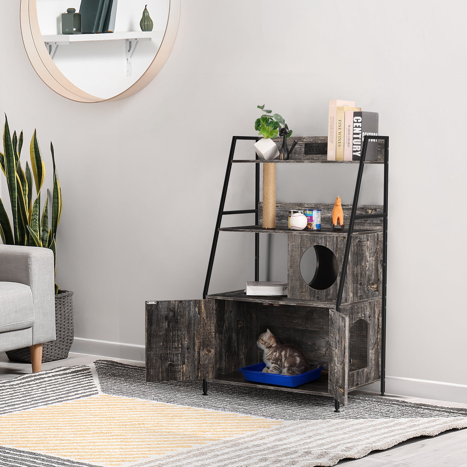 Nightstand Hidden Litter Box Side Table with Charging Post Gray