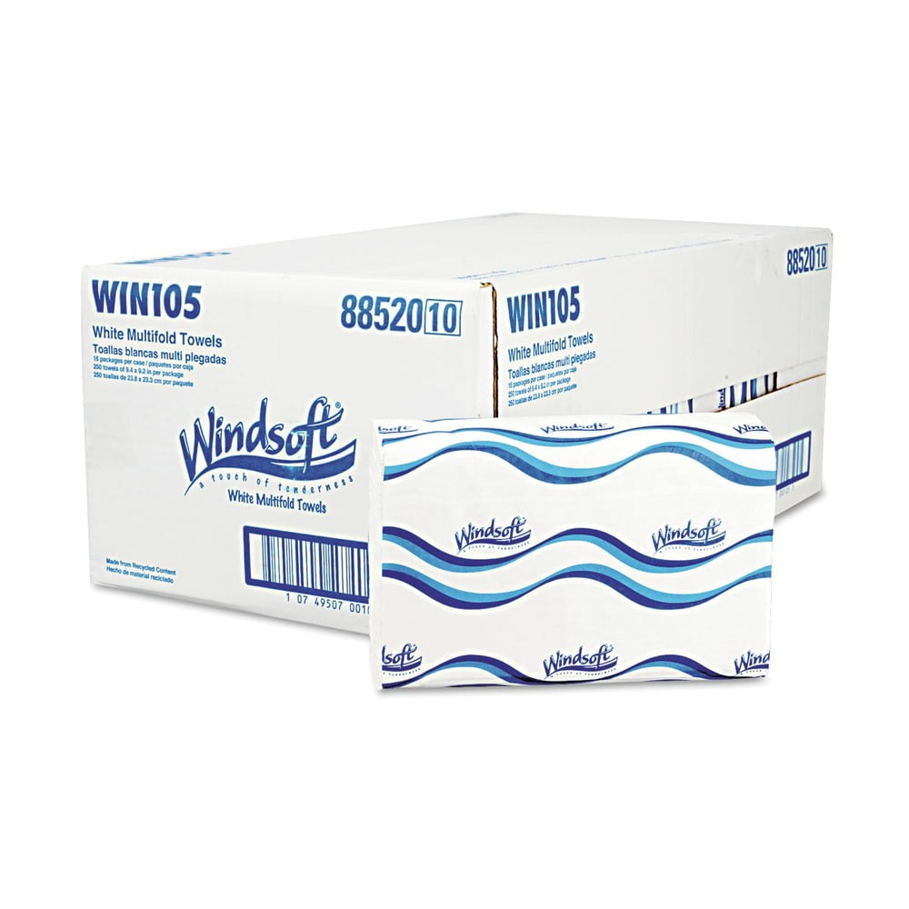 Windsoft® Multifold Paper Towels, 1-Ply, White, 9.25 x 9.5, 250/Pack, 16 Packs/Carton