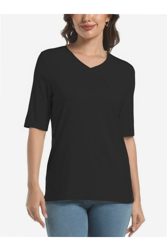 Women's V Neck Basic Summer Casual Elbow Length T Shirts