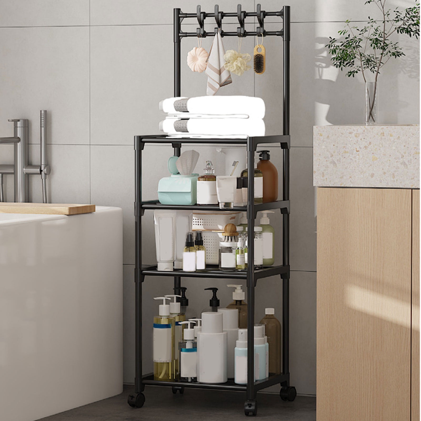 AYktou 4-Tier Bathroom Storage Shelves with Rollers, Heavy-Duty Bathroom Organizers and Storage, Kitchen Storage Shelf Snack Organizer Bookshelf Cosmetics Rack for Home Floor Storage, Black