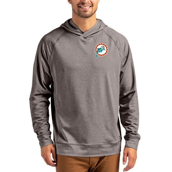 Men's Cutter & Buck Heather Gray Miami Dolphins Adapt Historic Knit Recycled Raglan Pullover Hoodie