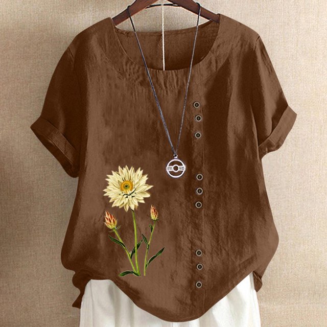 ICHUANYI Clearance Women's Short Sleeved Casual Plus Size Round Neck Flower Printed Loose Button Cotton Linen Top(Coffee, XXL) ICHUANYI WER2023080814115