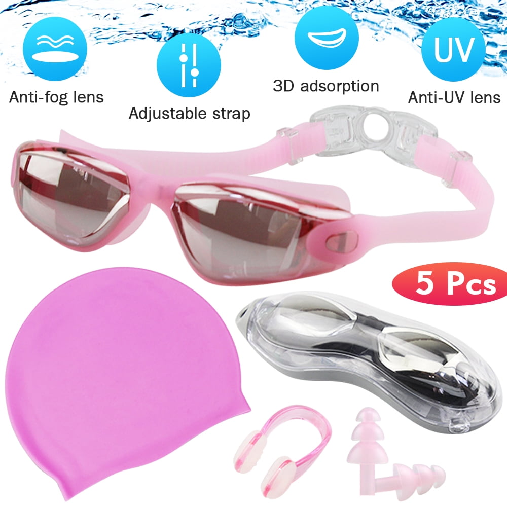 Swim Cap and Goggles Set Women Nose Clip Earplugs Case Anti-Fog Coated Lens NEW 