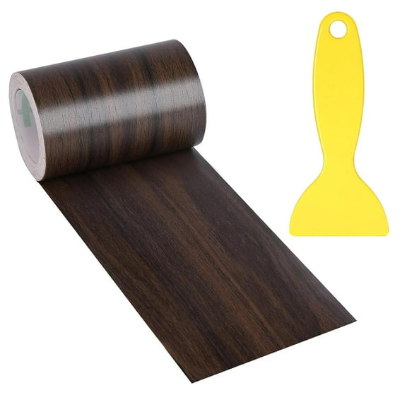4" X33' Size Realistic Wood Grain Repair Tape, Self Adhesive Wood Grain Repair Patch for Tables, Chairs, Doors, Windows, Floor, Furniture Renovation, Handicraft DIY. With Plastic Scraper. Dark Walnut