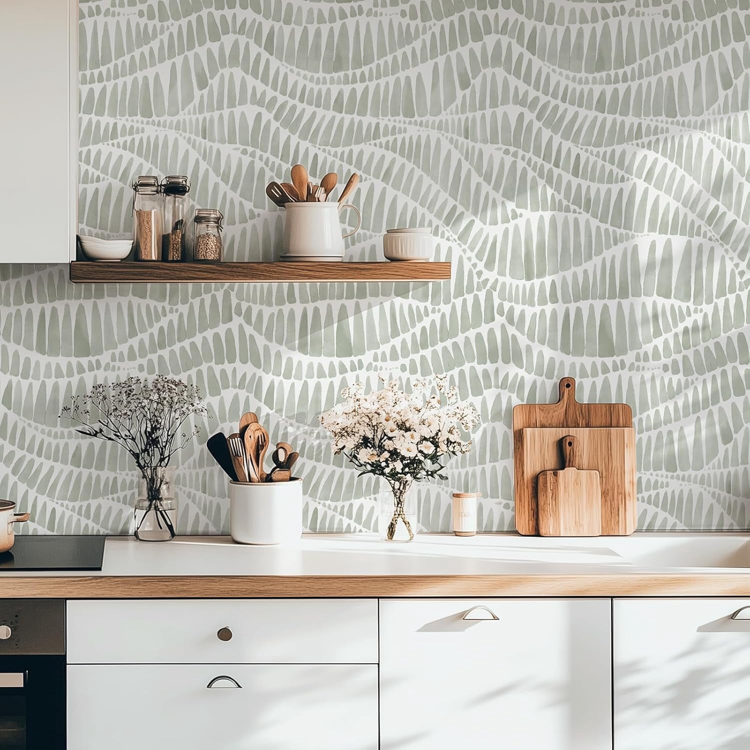 DAZLUT Green Wallpaper Modern Striped Wallpaper Peel and Stick Wallpaper Vinyl Boho Removable Wallpaper Self Adhesive Wallpaper for Bedroom Waterproof Contact Paper,17.3"×590"