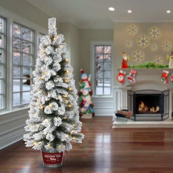 National Tree Company 5 ft. Pre-Lit Feel Real® Artificial Snowy Pogue Pine Christmas Entrance Tree, Green, 100 Warm White LED Lights, Silver Printed Pot Base