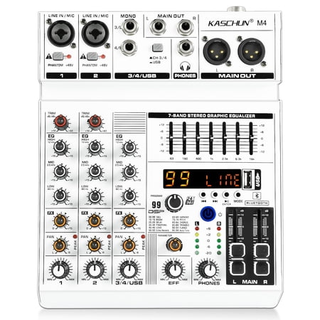 4 Channel Audio Mixer with Bluetooth, Sound Mixer Board with 99 DSP Effects, 7-Band EQ, 48V Phantom Power for Podcast Live Streaming DJ Karaoke Home Recording Guitar Bass Keyboard