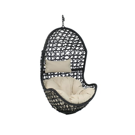 Sunnydaze Outdoor Resin Wicker Patio Cordelia Hanging Basket Egg Chair Swing with Cushion and Headrest - Beige - 2pc