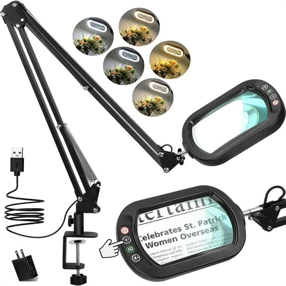 10X Rectangular Lens Magnifying Lamp - 5 Color Stepless Dimming, 2x16" Swing Arm, Head Buttons & 2.6" Clamp for Crafts/Reading/Seniors