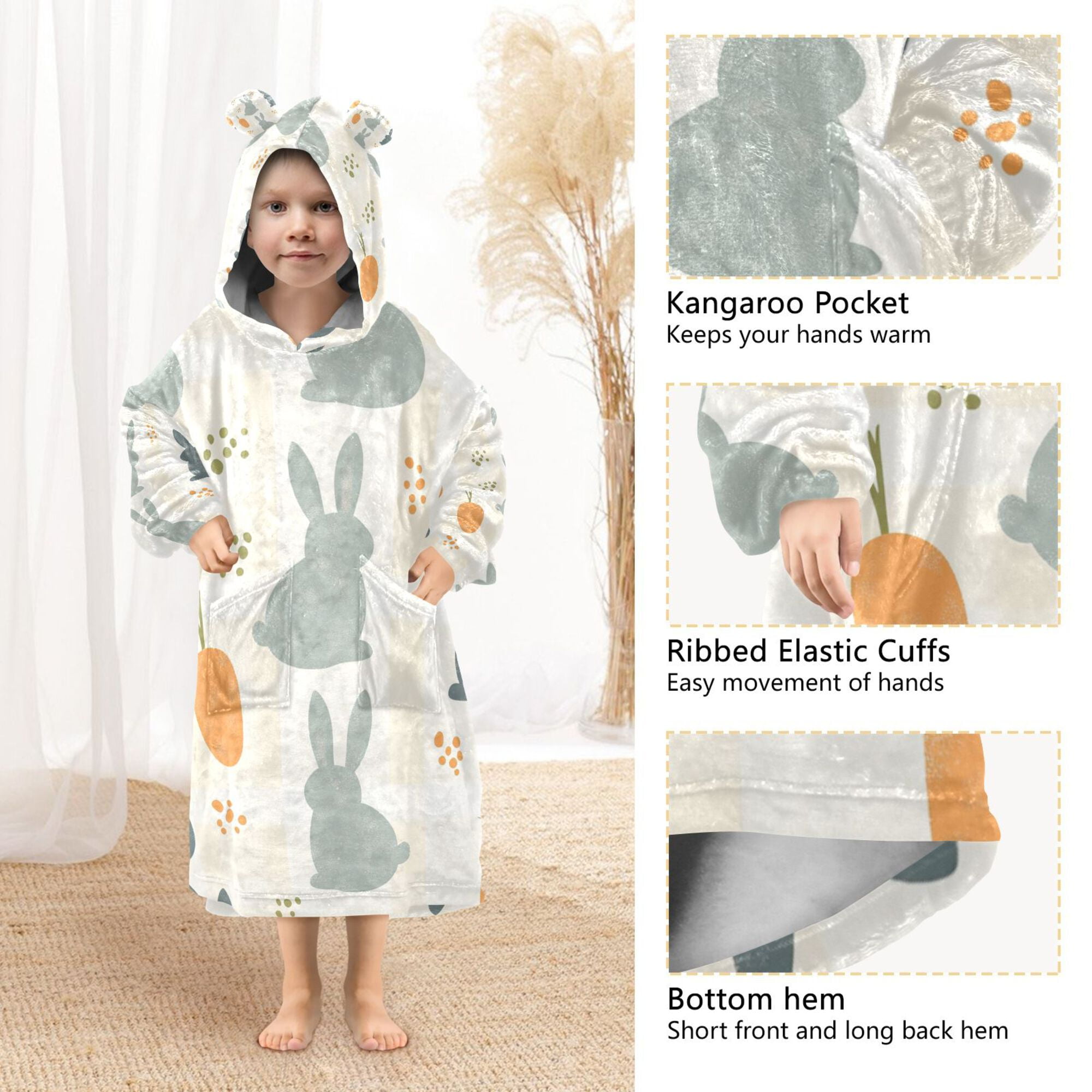 FORMRS Wearable Blanket Hoodie with Sleeves for Kids Cozy Flannel Sweatshirt, Whimsical Rabbits