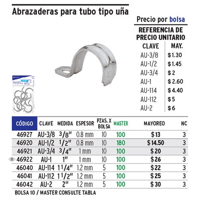 Abrazadera para tubo, tipo uña 3/8', bolsa con 10 pzas Volteck Abrazadera para tubo, tipo uña 3/8', bolsa con 10 pzas