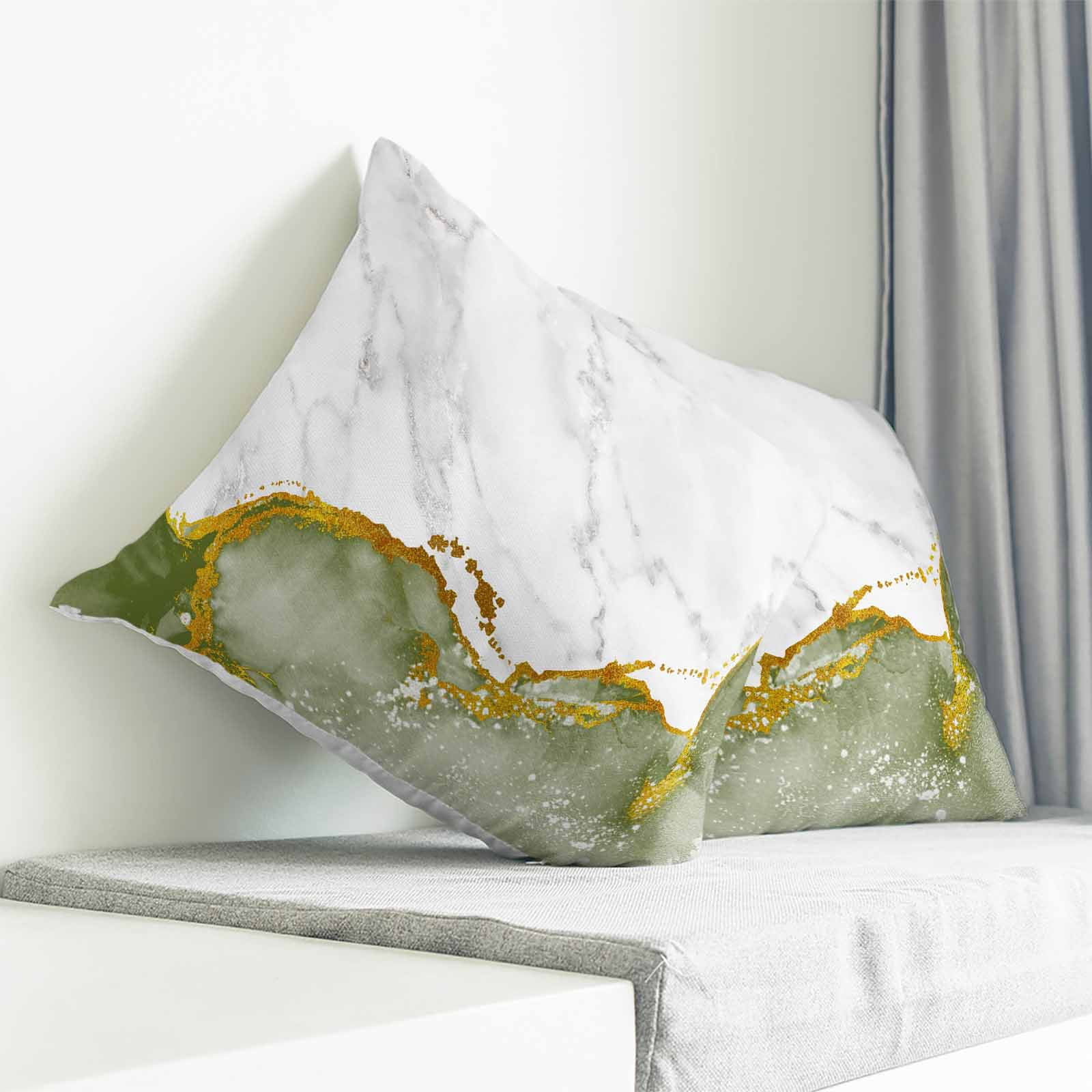 Throw Pillow Covers 16x16 Inch, Green Gold Marble Decorative Pillow Cases for Couch Sofa Bed, Modern Abstract Marble Crack Texture Cotton Linen Square Home Decor Pillowcases with Hidden Zipper