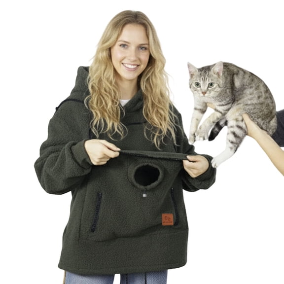 Hoodie with Pet Pouch Long Sleeve Ladies Winter Oversized Cat Pocket Hoodie Pullover for Outdoor Walking