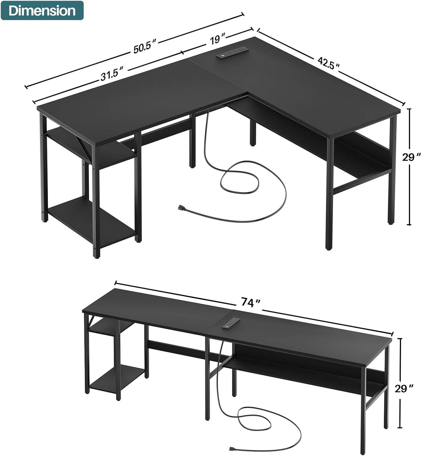 iSunirm Home Office Desk Adult Lap Desks, 42.5 x 50.4 in, Black, L Shaped Computer Desk with Magic Power Outlets and USB Charging Ports
