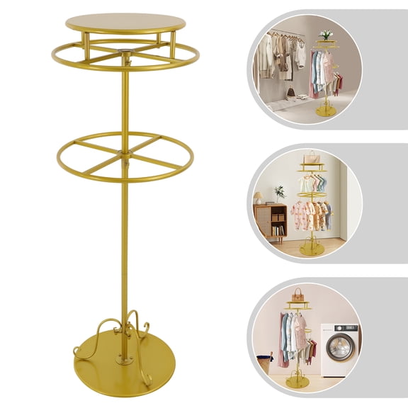 Stylish Gold Round Clothes Rack, 360° Rotating 2-Tier Display Stand, Adjustable Freestanding Retail Rack for Clothing Store or Home