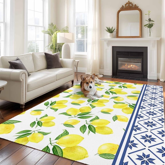 5'x8' Area Rugs, Yellow Lemons Indoor Outdoor Area Rug for Living Room Bedroom, Watercolor Summer Botanical Elegant Pastoral Washable Bathroom Rugs Kitchen Floor Carpet Mats Home Decor Aesthetic