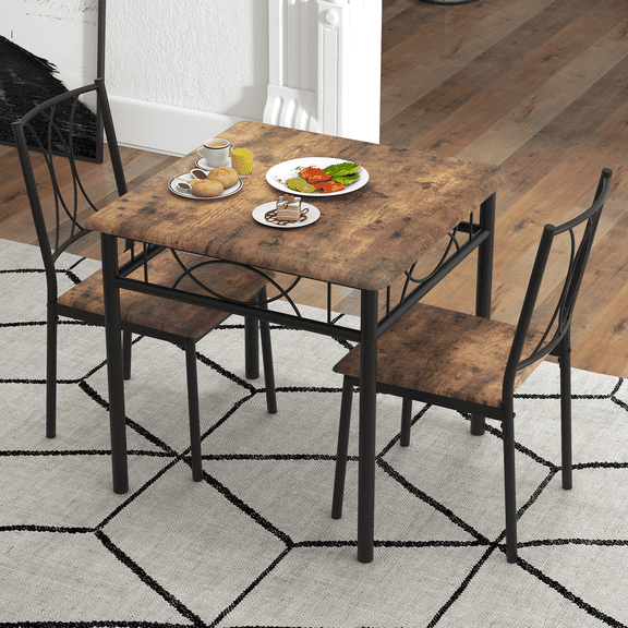 Garvee 3-Piece Dining Room Table Set for 2, Industrial Wooden Kitchen Table and 2 Chairs with Metal Frame, Space Saving Design for Small Space, Apartment, Kitchen and Home Office, Brown