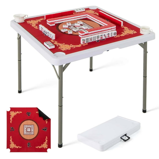 Costway Table de Mah-Jong Pliant de 35 Pouces avec Porte-Gobelets et Poignée de Transport en Feutre Lisse Rouge