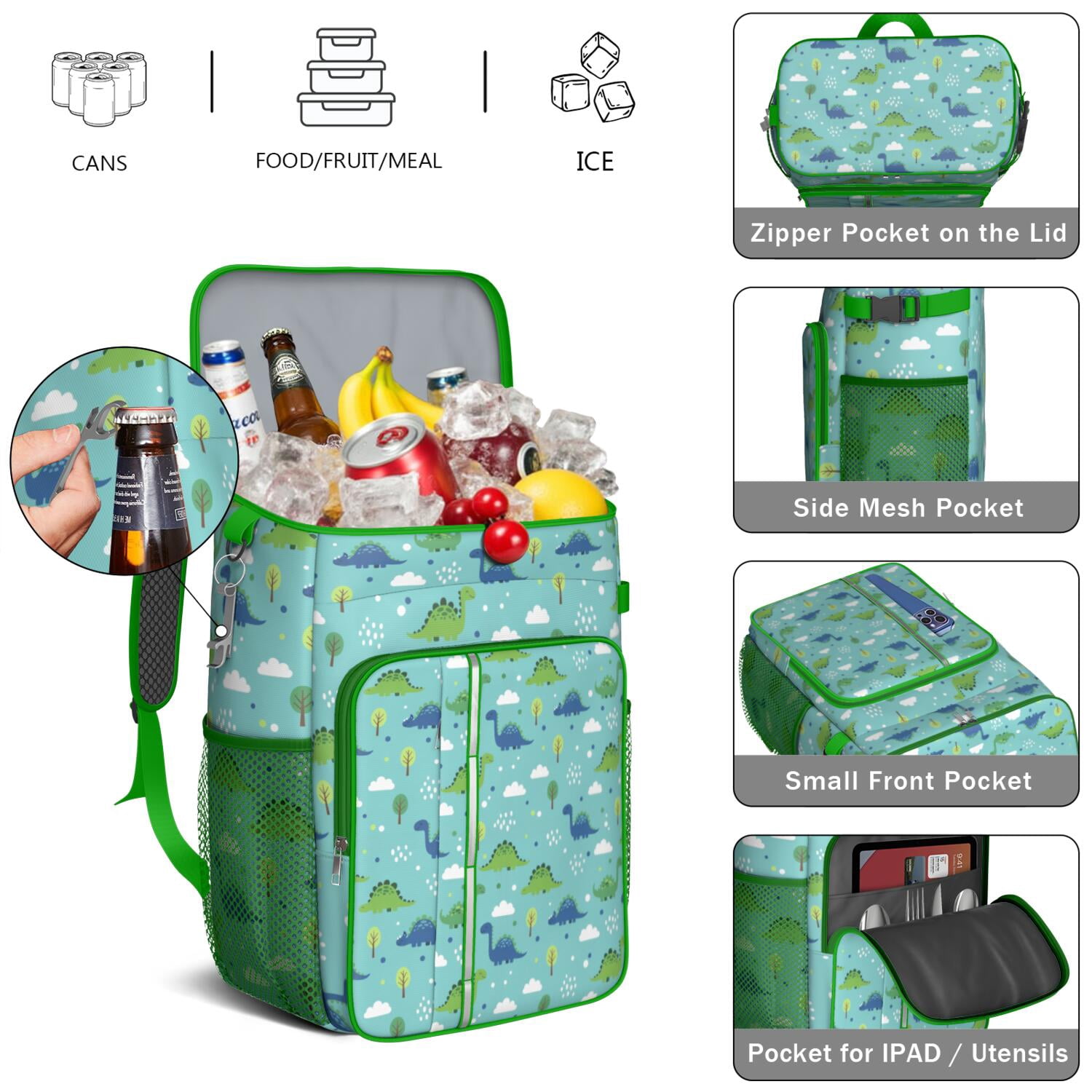 Travel Cooler Bag - Light Blue Dinosaurs Clouds Trees Pattern Camping Beer Cooler Backpack with Bottle Opener- Waterproof Insulated Picnic Backpacks - Cooler Bag for Beach