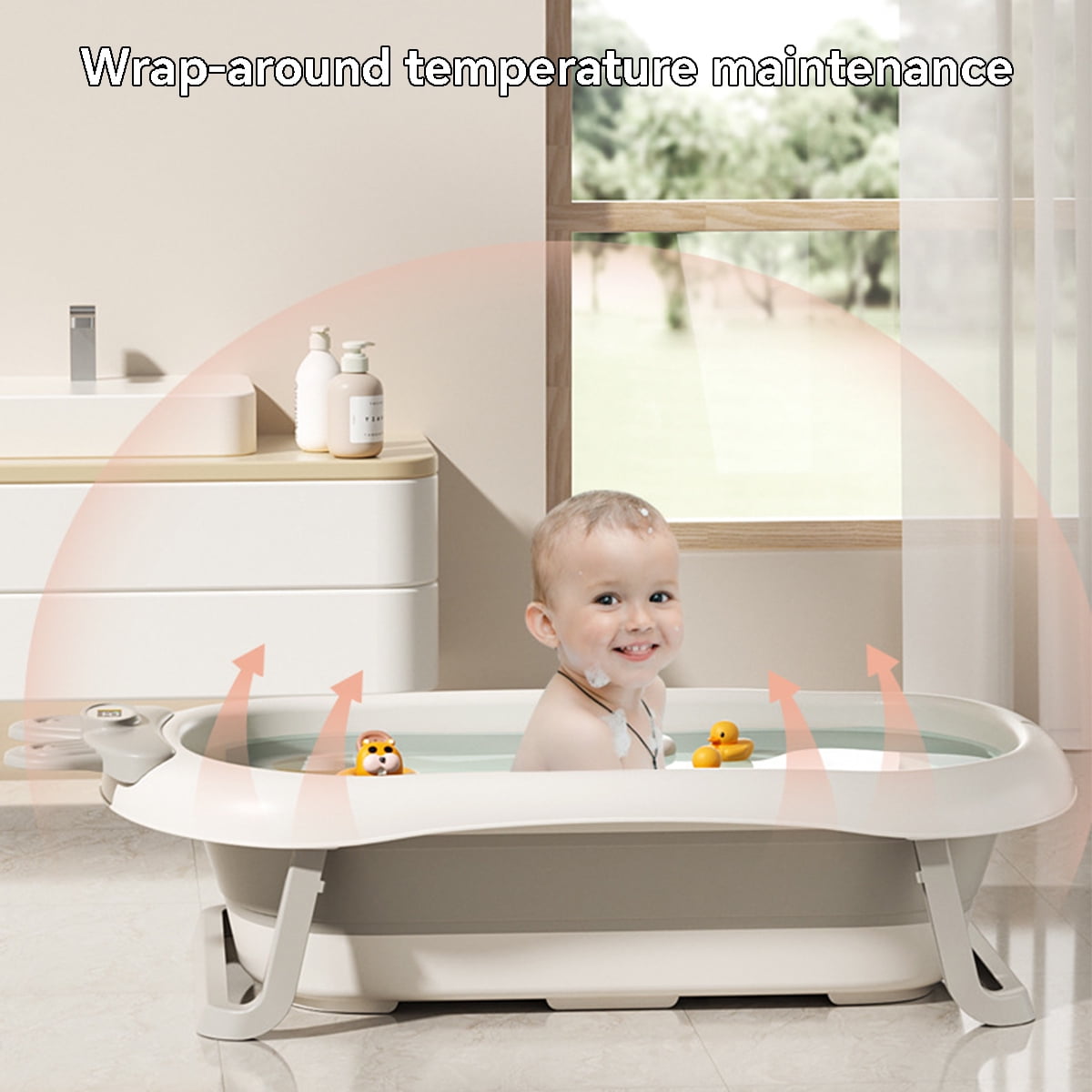 PUEDO Enlarged Collapsible Baby Bathtub for Infants to Toddler, with Thermometer, 3 Wash Basin and Bathing Net Cushion
