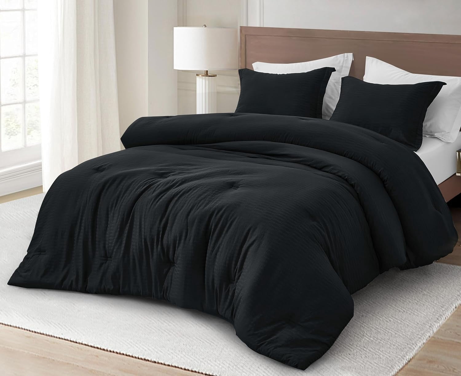 Chezmoi Collection Calvin 3-Piece Jacquard Comforter Set Full Size, Black Textured Woven Lightweight Comforter Bedding for All Season