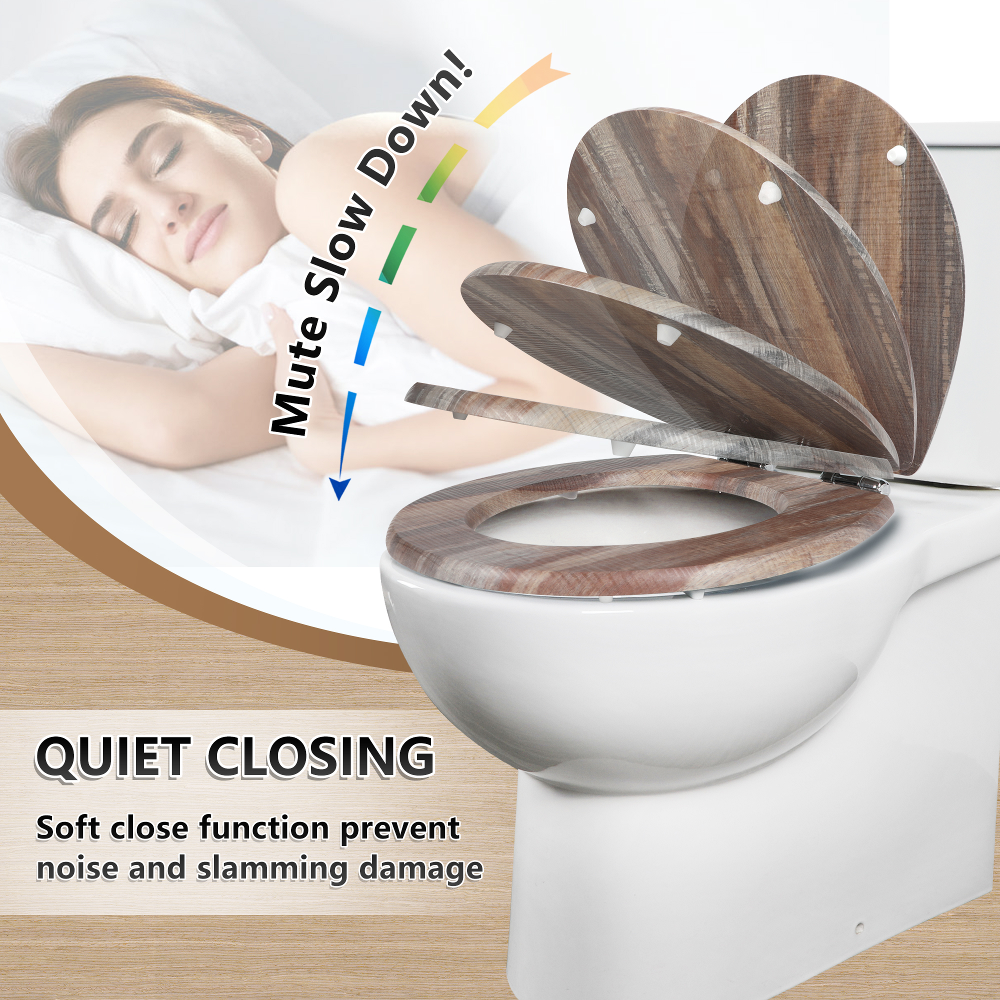 Angol Shiold Wood Round Toilet Seat with Quiet Close, Easy Clean, Quick-Release Metal Hinges ( Round 16.5'', Dark Board )