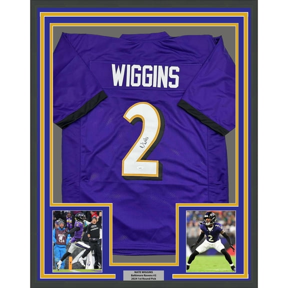 Framed Autographed/Signed Nate Wiggins 35x39 Baltimore Purple Football Jersey JSA COA