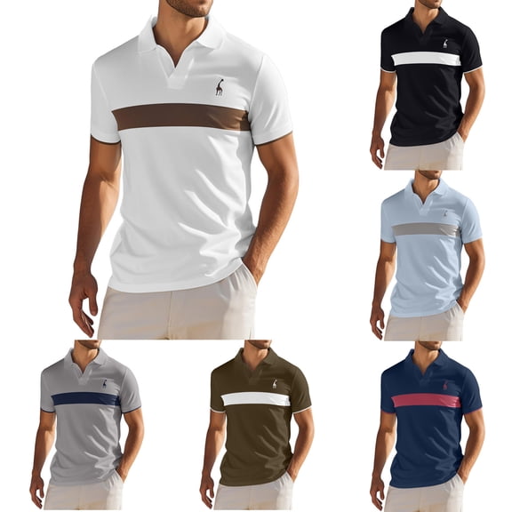 Betivan Men's Deer Embroidered Polo Short Sleeve Lapel Collar Button Up Solid Color Summer Casual Travel Beach Vacation Streetwear Tops
