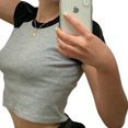 thumbnail image 5 of Douhoow Womens Crop Top Summer T-Shirt Patchwork Round Neck Short Sleeve Top, 5 of 7
