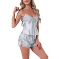 thumbnail image 4 of INSPIRE CHIC Womens Satin Loungewear Lace Silky Bow Spaghetti Strap V Neck Top with Split Shorts Pajama Set S Grey, 4 of 6