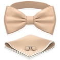 thumbnail image 1 of Boy's Beige Bow Tie with Handkerchief & Cufflinks Pre-Tied Style Formal Satin Classic Bowtie for Tuxedo Faux Silk, by Adam Young (Medium, Dune Beige), 1 of 5