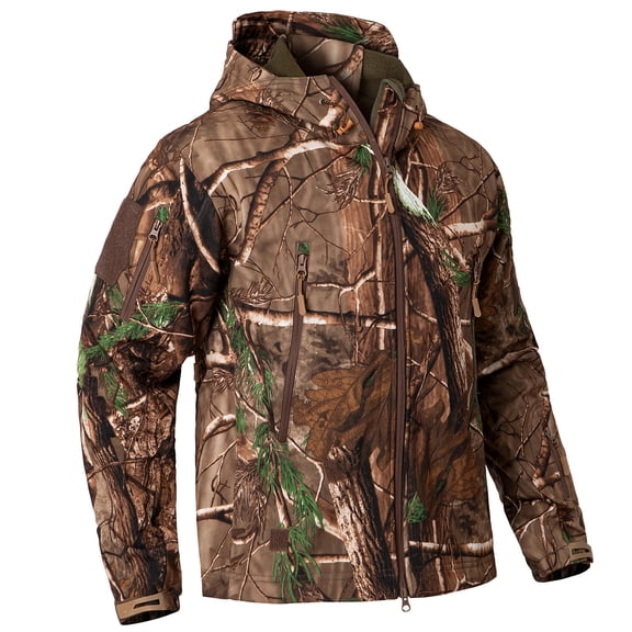 NAVEKULL Men's Silent Softshell Camouflage Jacket Warm Fleece Lined Hooded Camo Jacket Water-resistant Outdoor Hiking Fishing Coat