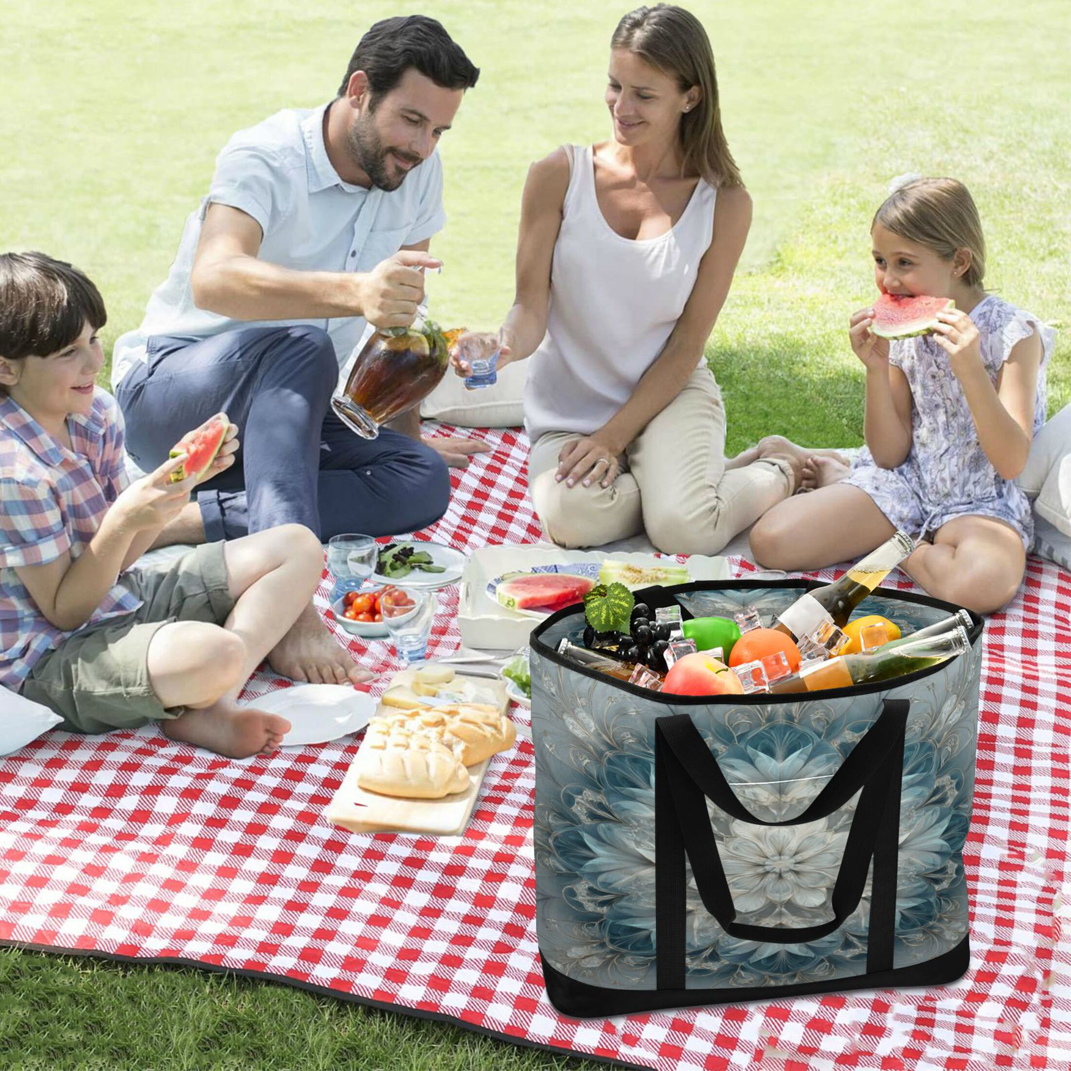 Extra-Large Wide Opening Design Capacity Hand-Held Ice Pack Thickened Insulation Layer For Long-Lasting Cold Retention For Outdoor Shopping Picnics And Camping Swirls Of Light Blue