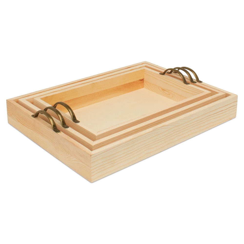 Unfinished Wood Nesting Serving Trays with Handles, 10 Sets of 3 Trays