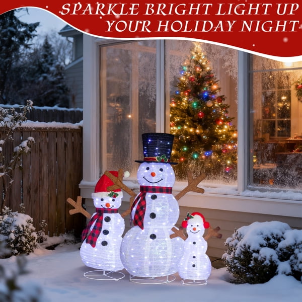 3-Pack Lighted Snowman Family Christmas Decorations, 270 White LEDs, Weather-Resistant Metal Frame, for Indoor, Outdoor Use